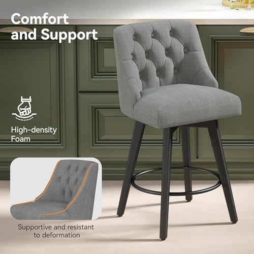 Image of Counter Height Swivel Bar Stools with Back, 26 inch H Seat Height Upholstered Fabric Counter Stools for Kitchen Island, Set of 2, Fabric in Flint Grey