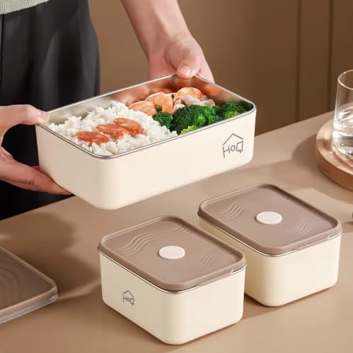 Image of House of Quirk 304 Stainless Steel Bento Lunch Box for Adults - 3 Leakproof Containers (1x1200ml + 2x600ml) with Insulated Thermal Carry Case, Stackable Portable Meal Prep Tiffin (Beige)