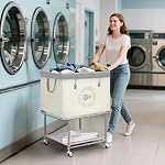 STORAGE MANIAC Rolling Laundry Cart with Storage Shelf, Beige - Image 2
