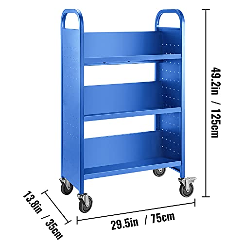 Vevor Book Cart, 200Lbs Library Cart, 30X14X49 Inch Rolling Book Cart, Single Sided V-Shaped Flat Shelves With Lockable Wheels For Home Shelves Office School Book Truck Blue #TOP7