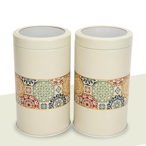 Image of Mandala Collection Airtight Kitchen Container Set| 1400ML- Set of 2| Food Grade Metal Jars for Rice, Atta, Besan & Flour Storage| Vacuum Lid, Rust Resistant| Beige Rangoli Canisters