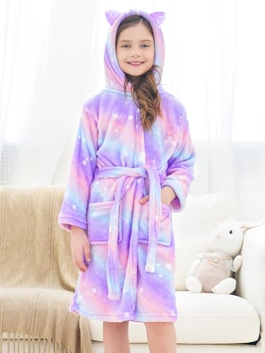 Doctor Unicorn Girls Leopard Cat Robe Kids Fleece Warm Hooded Bathrobe3