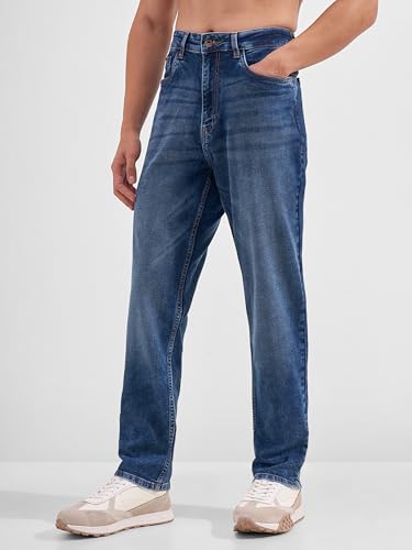Image of Highlander Men Men's Premium Loose Straight Fit Mid-Rise Cotton Lycra Jeans - Button Closure, Machine Washable, Comfortable All-Day Wear for Casual & Semi-Formal Occasions