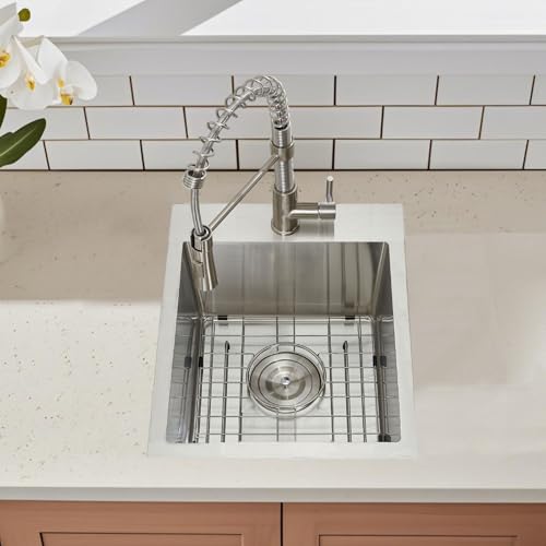 Image of 15 Drop In Bar Sink, 16 Guage Stainless Steel 13x15x9 Wet Bar Prep RV Outdoor Small Kitchen Sink Topmount Single Bowl with Drain