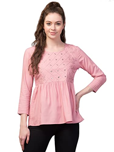 Image of FIMS - Fashion is my style Women Cotton Pleated & Gathered Embroidery Stone Full Sleeves Top Regular Fit Round Neck Tops for Girls