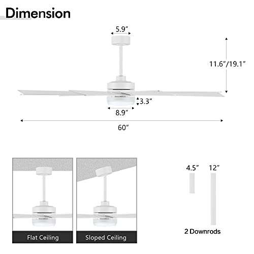 Ledlux 65" Dc Motor Ceiling Fan With Light, 6-Speed Remote Control, Reversible Motor, Modern 9 Blades White Ceiling Fan With 4.5"/12" Downrods For Home Or Commercial, Bedroom/Living Room/Restaurant #TOP1