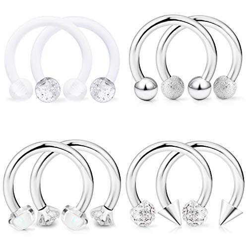 Dyknasz Horseshoe Circular Barbell Clear Cz Opal Stone Nose Septum Rings Hoop Retainer For Women Men Helix Cartilage Tragus Earring 316L Surgical Steel 16G 5/16"(8Mm) Silver-Tone #TOP1