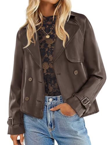 ZESICA Women's Faux Leather Jackets Oversized Fall Fashion Button Motorcycle Coats Outwear 2025 Winter Outfits Clothes Brown Meidum