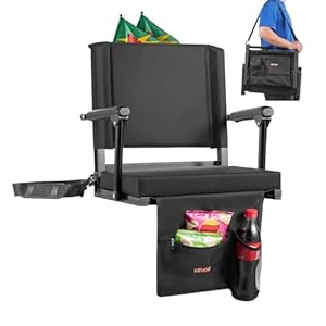 VEVOR Stadium Seat, Portable Bleacher Seat with Armrest, Back Support and Thick Cushion, Bench Chair for Bleacher Includes Shoulder Strap, Hooks, Cup Holder, Black Football Bleachers Seats, 1PCS