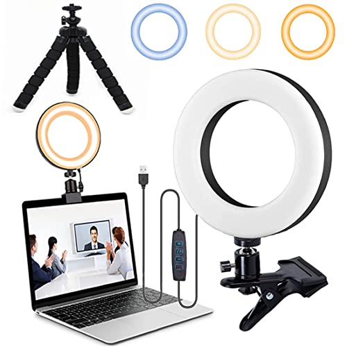 Anillo de Luz LED Videoconferencia, 360°Selfies Light, 6" Aro de Luz Portatil, Ordenador Portátil Ring Luz, 3 Modos, 10 Niveles Brillo, con Tripode, Clip, para Videollamadas, etc Cover