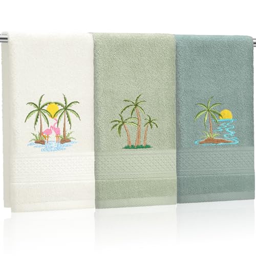 Hahafelt 3 Pack Summer Palm Tree Hand Towels for Bathroom 100% Cotton Embroidered Beach Bathroom Towels 13.78 x 29.53 Inch Soft Absorbent(Green Series Palm Tree)