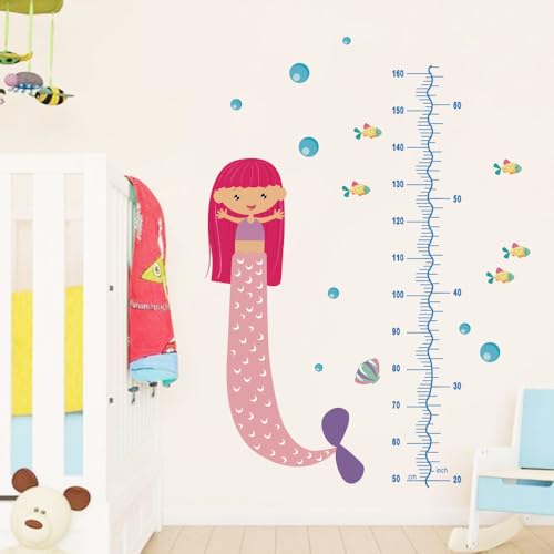 Image of Cute Mermaid Height Chart Wall Sticker - Pink Tail Nursery Growth Measurement Decal - Peel and Stick Vinyl - Non-Toxic Baby Room Decoration - Removable Kids Bedroom Wall Art