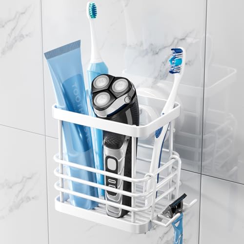 Image of TAILI Patented Suction Cup Toothbrush Holders for Bathrooms, White | Stainless Steel Toothpaste Holder with Razor Hook, Strong Suction Up to 11lbs, Anti-Puddling, No Drill Removable & Reuseable