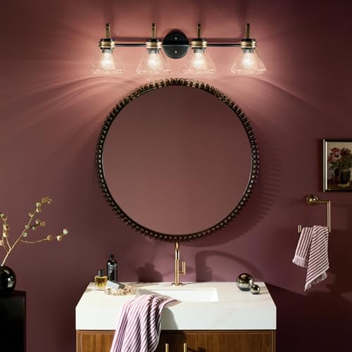 Image of Kichler Farum 34 inch 4-Light Bathroom Vanity Light Fixture with Clear Glass in Black, Modern Wall Mount Over Mirror for Single or Double Vanity (34 inch W x 9.5 inch H), 55156BKCLR