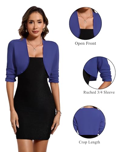 Image of MINTLIMIT Bolero Cardigans for Women Ruched 3 /4 Sleeve Open Front Cropped Cardigan Boleros Shrug Jackets for Evening Dresses