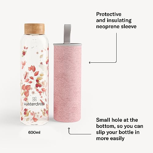 waterdrop Edition Glass Bottle 600ml leakproof | BPA free Water Bottle | Glass Water Bottle with Bamboo Lid and Neoprene Protection Sleeve, Glass Drinking Bottle | Sustainable Borosilicate Glass - Image 3