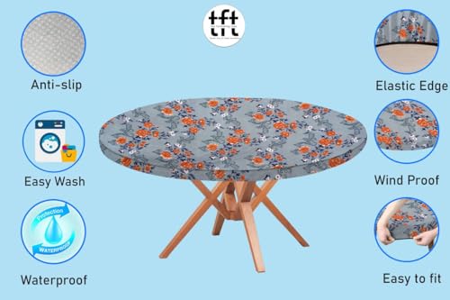 Image of The Furnishing Tree Round Elastic Fitted Dining Table Cover WxL 54x54 Inches Floral Pattern Blue