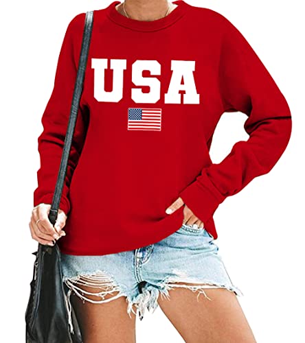 Image of LAZYCHILD USA Sweatshirt Women American Flag Shirt Patriotic TShirt Stars Stripes Pullover 4th of July Tee Tops