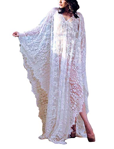 Bsubseach Women Plus Size Lace Swimwear Bikini Cover Up Batwing Sleeve V Neck Long Beach Kaftan Dress