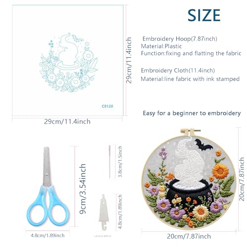 Image of Zhenqing Halloween Cauldron Embroidery Kit for Beginners, Magic Pot Witch Decor Needlework Kit with Pre-Printed Cotton Fabric, Hoop, Threads & Tools, Spooky DIY Wall Art (C0120)