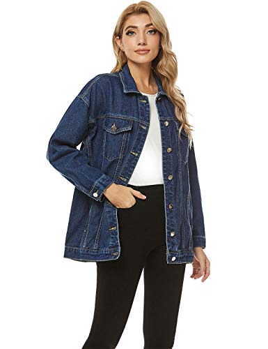PUWEI Women's Oversized Denim Jacket Distressed Lapel Button Up Long Sleeve Jean Jacket with Pockets2