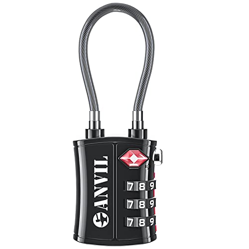 ANVIL TSA Locks for Luggage â€“ TSA Approved Cable Travel Lock with Zinc Alloy Body, 3-Digit Combination Lock for Suitcases, Backpacks, Gun Cases, Zippers (Black 1 Pack)