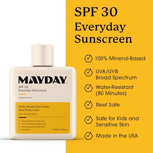 Image of MAYDAY SPF 30 Everyday Sunscreen, Chemical-Free, Fragrance-Free, 6oz | Chemical-Free, Fragrance-Free, Everyday Mineral Sunscreen, Water-Resistant, Sun Protection for Face & Body, All Skin Types