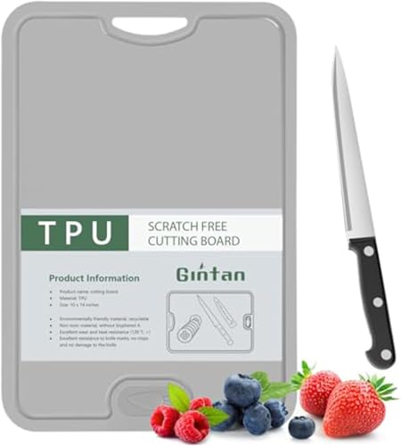 Gintan Flexible TPU Chopping Board, BPA Free with Knife and Juice Groove, Scratch Resistant Flexible Chopping Boards for Kitchen, Dishwasher Safe, Grippy Handle, Non-Slip (Grey)
