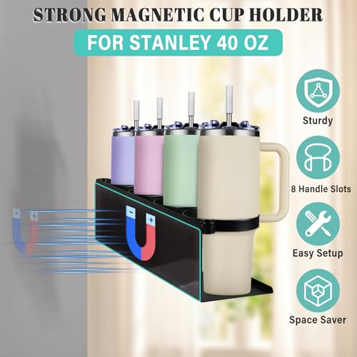 Image of Magnetic Cup Holder for Fridge,8 Cups Water Bottle Organizer for Stanley 30 40 oz with Tumbler Lid Organizer,High Capacity Heavy Duty Kitchen Storage Rack Accessories