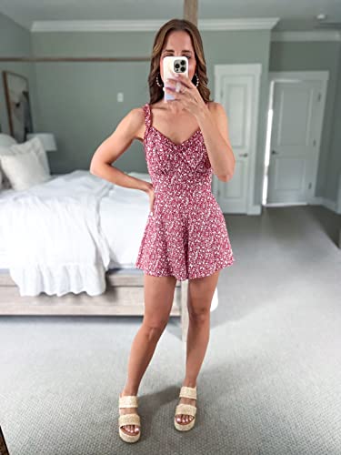 Conporry Womens Summer Floral Romper Spaghetti Strap Tie Back Ruffle Wide Leg Short Jumpsuits #TOP7