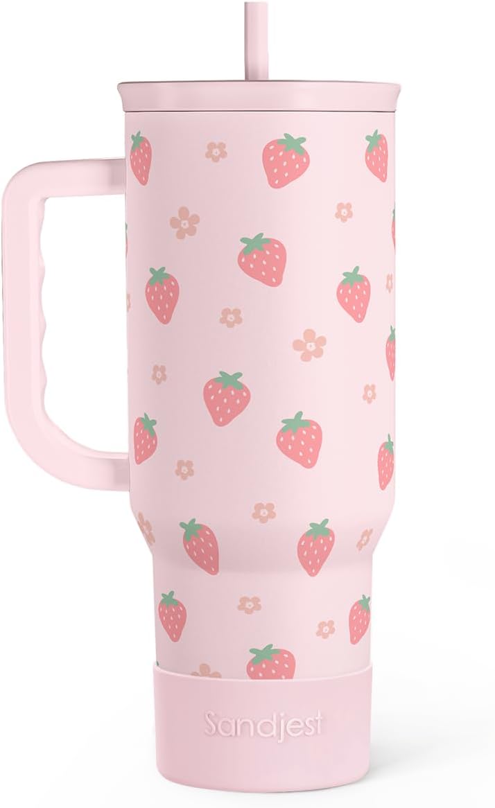 SANDJEST Strawberry Tumbler with Handle 40oz – Insulated Stainless Steel Travel Coffee Mug Cup for Girls Women, Gift for Christmas, Birthday