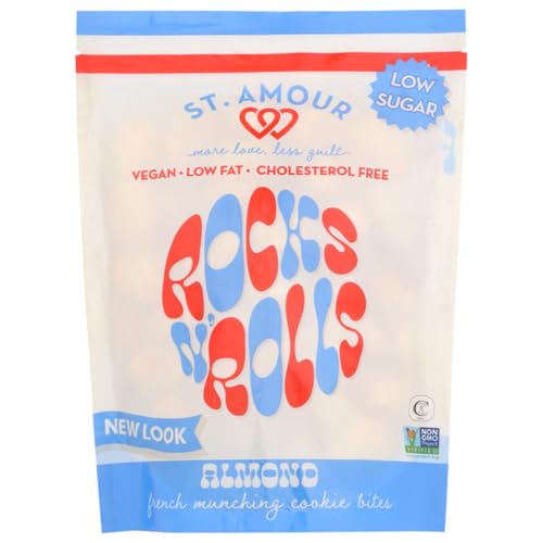 ST. AMOUR Vegan Almond Rocks N Rolls – French Snack Bites Low Sugar Low Fat Dairy Free Cholesterol Free – Crunchy Almond Cookies Plant Based Sweet Snack Clean Ingredient Treat – 10 oz Bag
