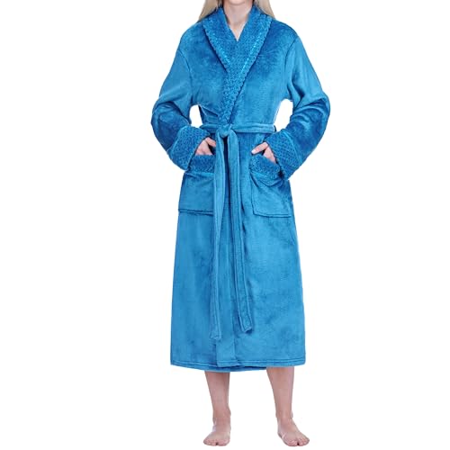 Image of PAVILIA Women's Plush Fleece Robe, Soft Cozy Long Bathrobe with Satin Waffle Trim, Warm Lightweight, Pockets & Tie Belt