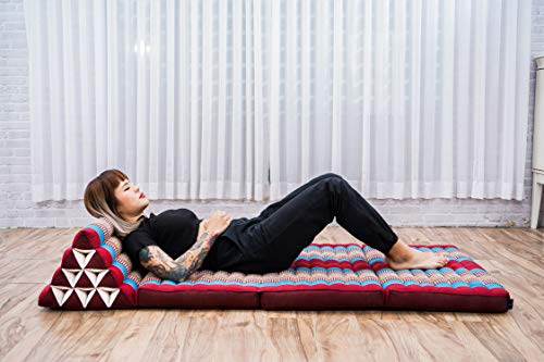 Image of Leewadee 3-Fold Mat XXL with Triangle Cushion - Firm TV Pillow, Foldable Mattress with Cushion Made of Kapok, 67 x 31 inches, Blue Red