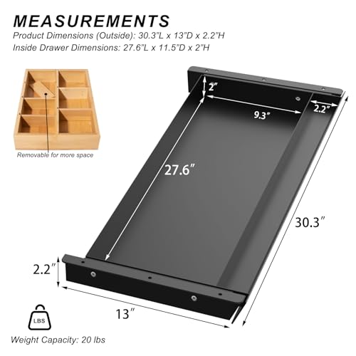 Image of Large Under Desk Mounted Sliding Drawer with Bamboo Tray and 60 Degree Tilt Panel to Pull Out, 30'' Long & 13'' deep Large Storage Organizer for Sit Stand Workstation
