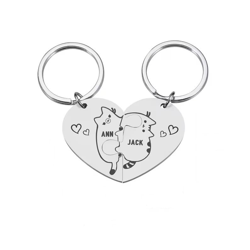 Image of Luigi Customise Valentine Keychain, Cute Cat Hug, Engrave Name Couple Keyring, Personalized Gift for Boyfriend /Matching Keychain