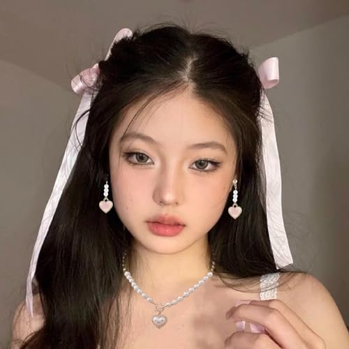 Pearl Coquette Jewelry Set - Bow Earrings, Pink Hair Bows, Choker Necklace - Trendy Accessories, Valentine's Gift for Women3