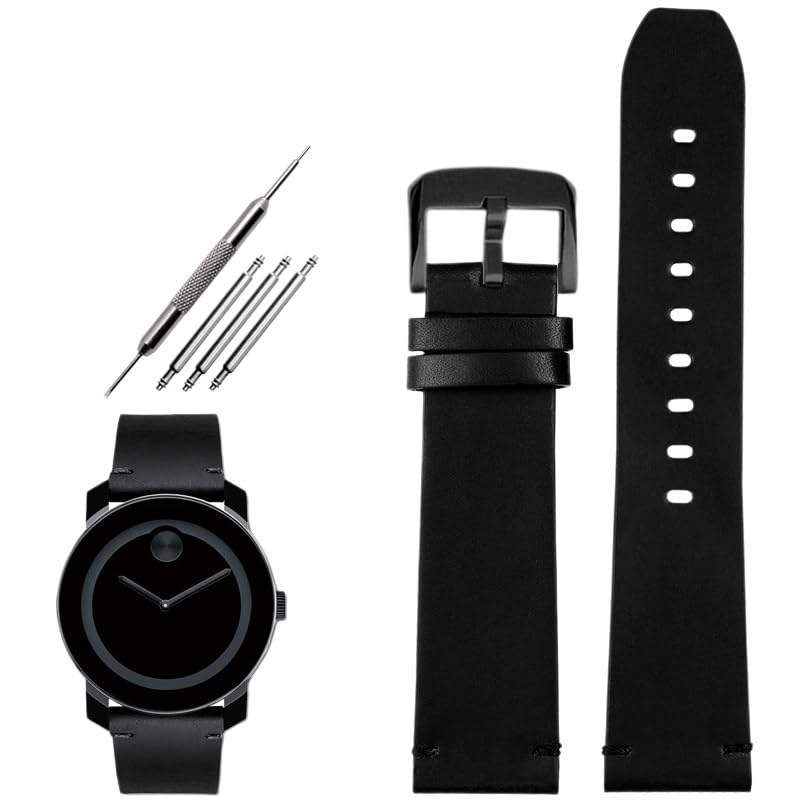 Mens leather watch strap suitable Compatible with for Movado Port BOLD series 3600305/306/307 leather watch strap accessories 22mm (Black Black 22mm)