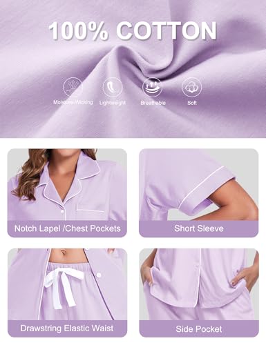 Image of COLORFULLEAF Women's 100% Cotton Pajamas Set Button Down Sleepwear Short Sleeve Shirt and Long Pants Soft Ladies Lounge Sets