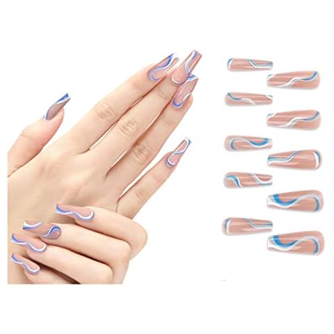 24 Pieces Press Type Nails, Coffin False Nails, Artificial Nails, Full Coverage False Nails, Blue Wavy Line Artificial Nails, Acrylic Non Polished False Nails, Suitable for Women and Girls (Blue) Cover