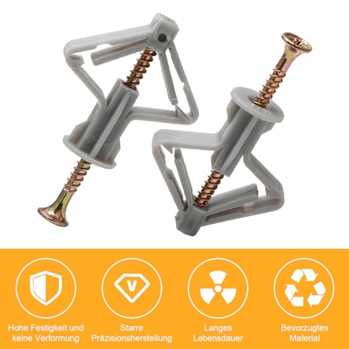 20 Stück Gipskartondübel mit 20 Stück Schrauben, Butterfly Hohlraumdübel Gipskartondübe, Trockenbaudübel Anker Sets, Selbstbohrender Schrauben für Ziegeln, Beton, Gipskarton
