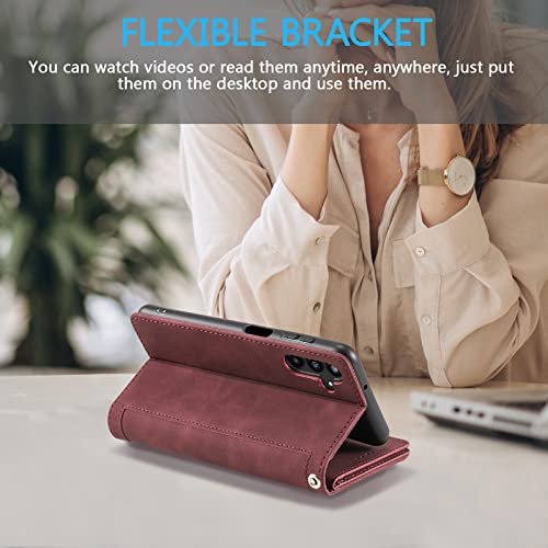 EYZUTAK Wallet Phone Case for Samsung Galaxy A56 5G, Retro Matte 9 Card Holder Slots Zipper Pocket Case PU Leather Magnetic Closure Kickstand with Wrist Strap Folio Flip Case - Wine Red - Image 4