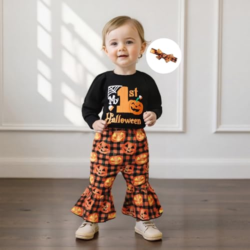 My 1st Halloween Baby Girl Outfit Puff Long Sleeve Ribbed Knit Romper Top Flare Pants Headband 3 Piece Set3