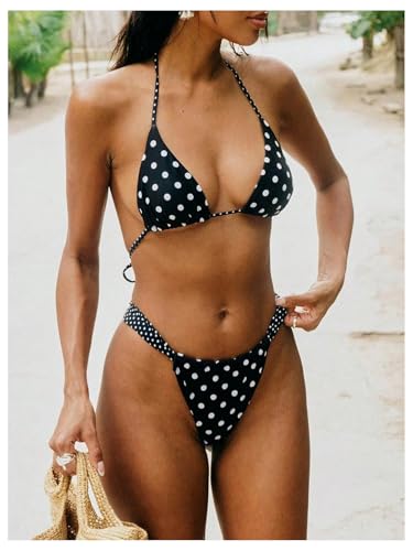 WDIRARA Women's 2 Piece Polka Dots Halter Bikini Set String Triangle Swimsuit High Cut Bathing Suit2
