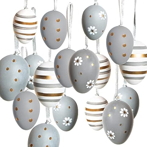 Logbuch-Verlag 18 Easter Eggs Plastic Eggs for Hanging 4 + 6 cm Grey White Gold Easter Decoration Cover