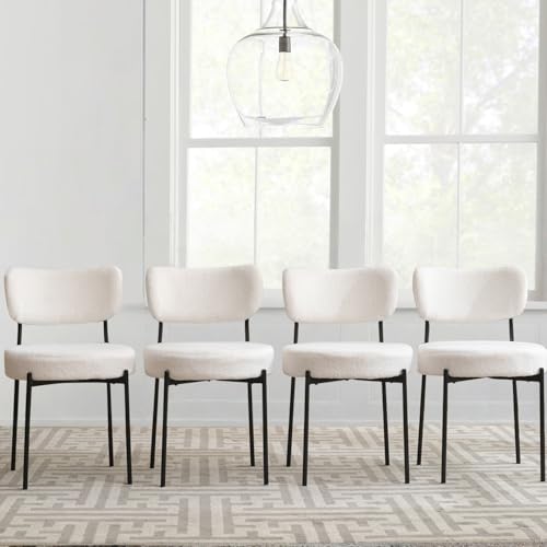 White Boucle Dining Chairs Set of 4, Mid Century Modern Chair Set with Upholstered Sherpa, Kitchen Chairs with Curved Backrest & Metal Legs, Round Velvet Dining Room Chairs with for Living Room