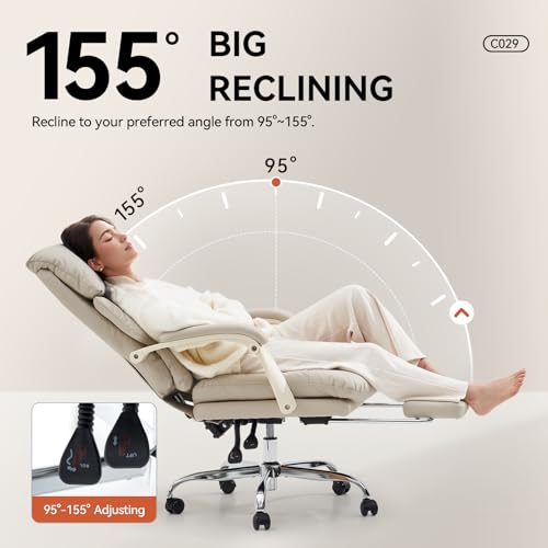 EMIAH Office Chair with Foot Rest, Ergonomic Executive Office Chair with Arms, Reclining High Back PU Leather Comfy Swivel Computer Desk Chairs with Wheels and Lumbar Support for Home Office, Beige - Image 5