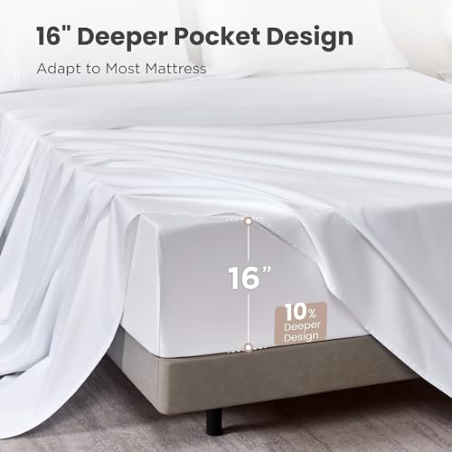 Image of Sophia & William 100% Cotton Sateen Sheet Set King Size White - 4 Piece Set | 1000 Thread Count Ultra-Soft 4 Piece Bedding, Extra Deep 16 inch Pocket Fitted Sheet Fits Most Mattresses, OEKO-TEX 100 Certified