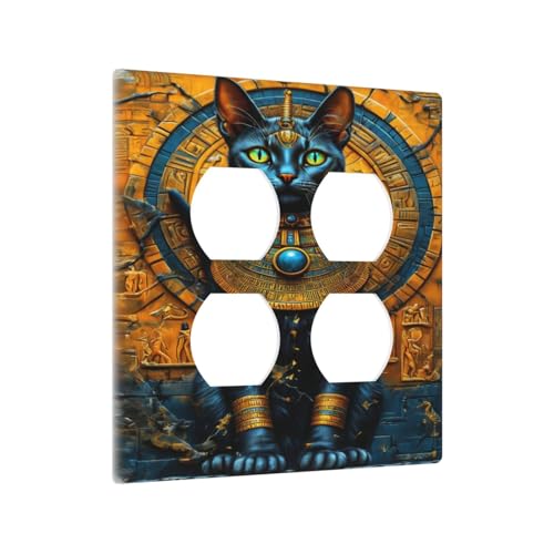 Decorative Outlet Covers Egyptian Black Cat Vintage Gold Decorated 2 Gang Wall Plate Cover Double Duplex Receptacle Two Switch Light Switch Cover Plate Jumbo Faceplate for Home Decor
