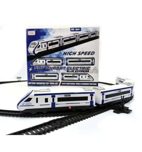 Image of Vande Bharat Toy Train with Track Set for Kids, Interlocking Multiple Railway Track Layout, Electric Express Bullet Train Railway Coaches Tracks Changer Fun Gift, Blue Color